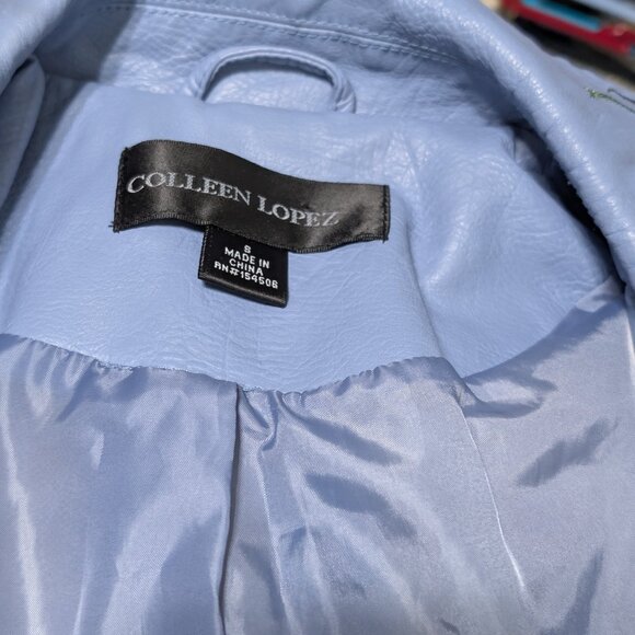 Colleen Lopez Blue Floral Embroidered Faux Leather Moto Jacket Size S Studded - Picture 6 of 6